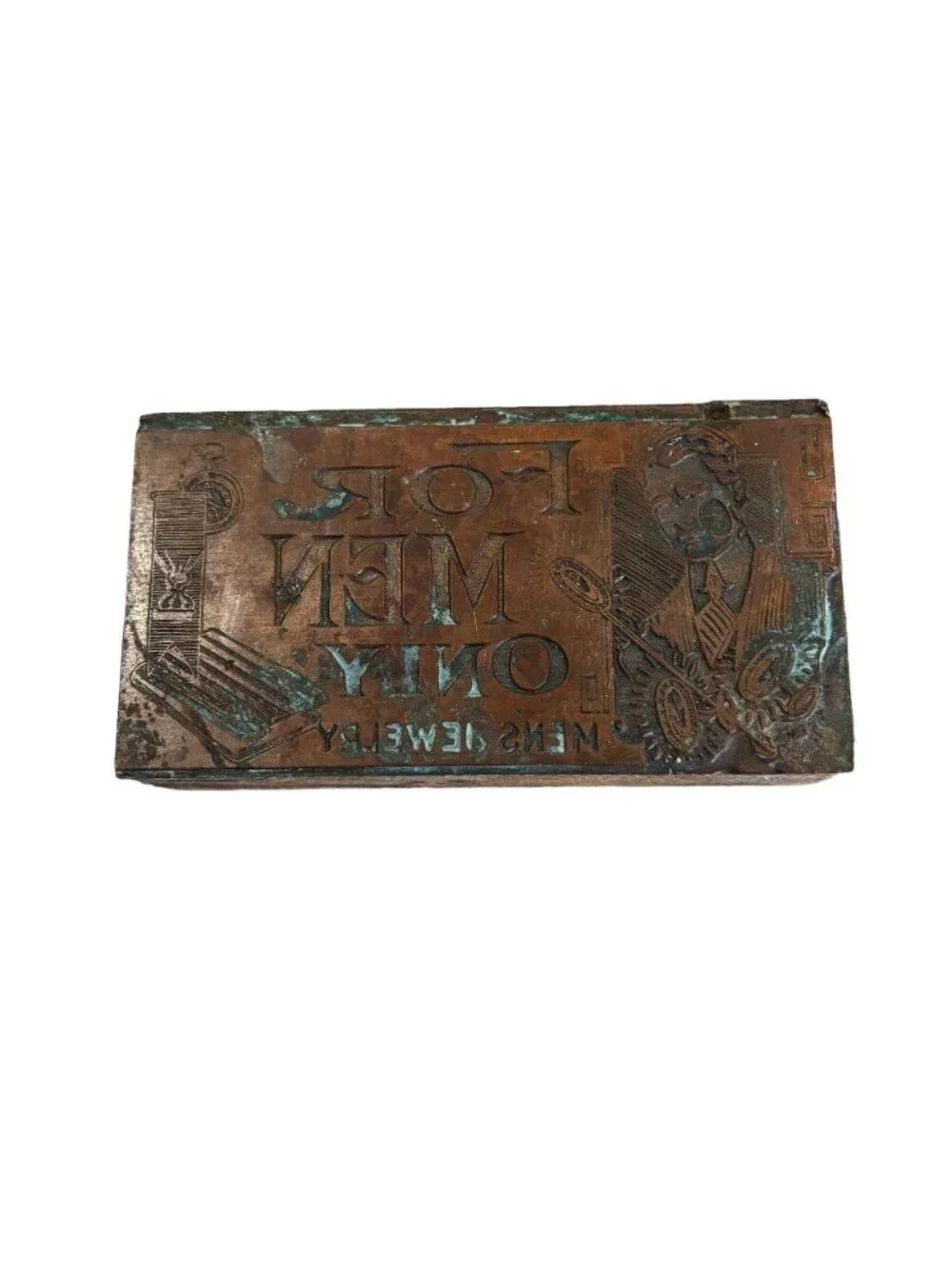 Vintage Antique Copper Wood Letterpress Printing Block “Men’s Jewelry” Crafting